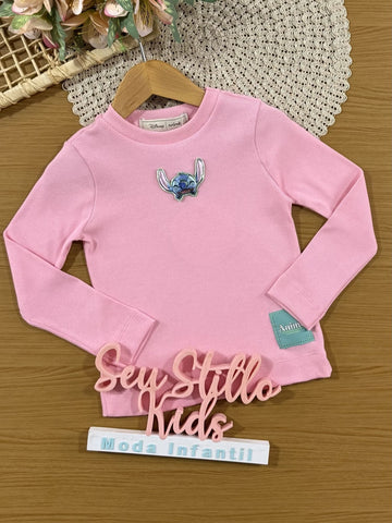 Blusa Infantil Animê Inverno Manga Longa Rosa Stitch Disney