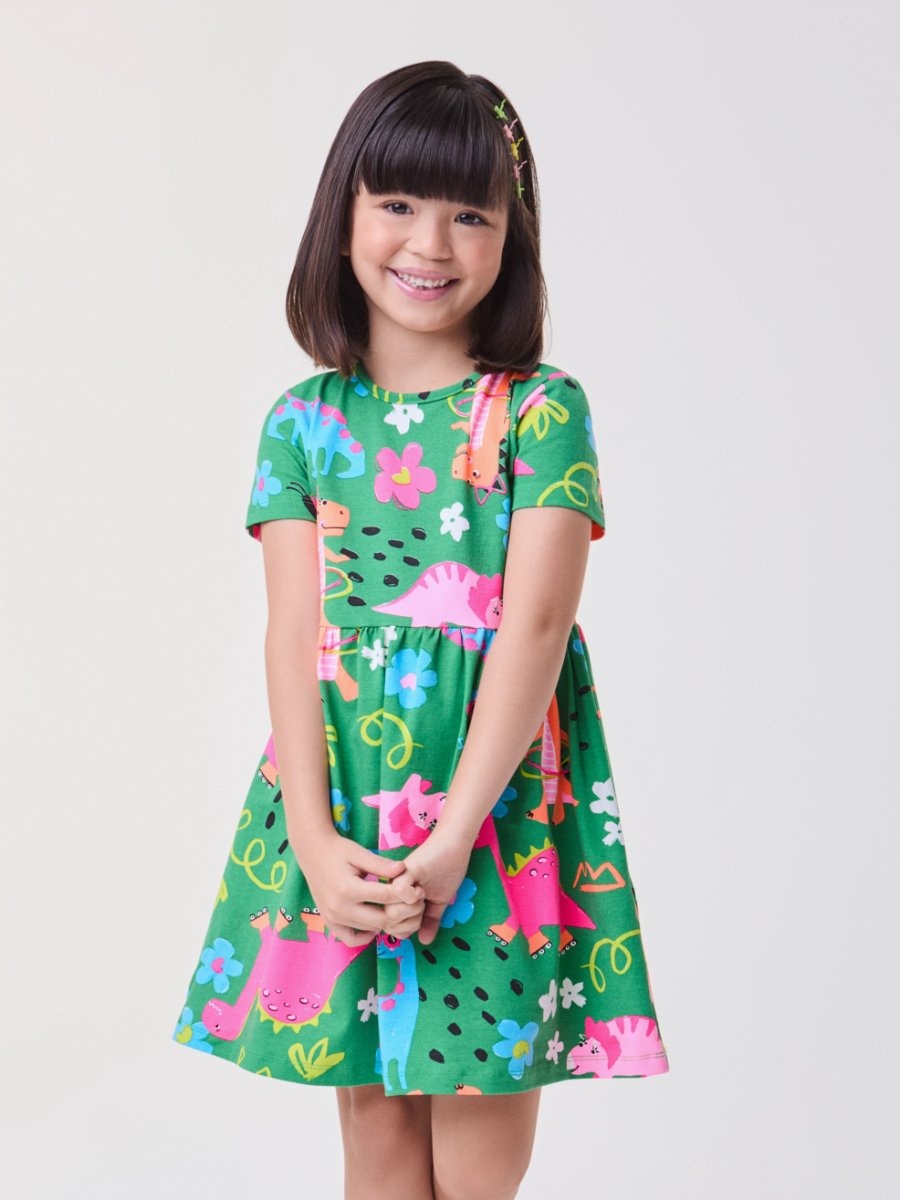 Vestido Infantil Bimbi Verão Verde Dinossauros