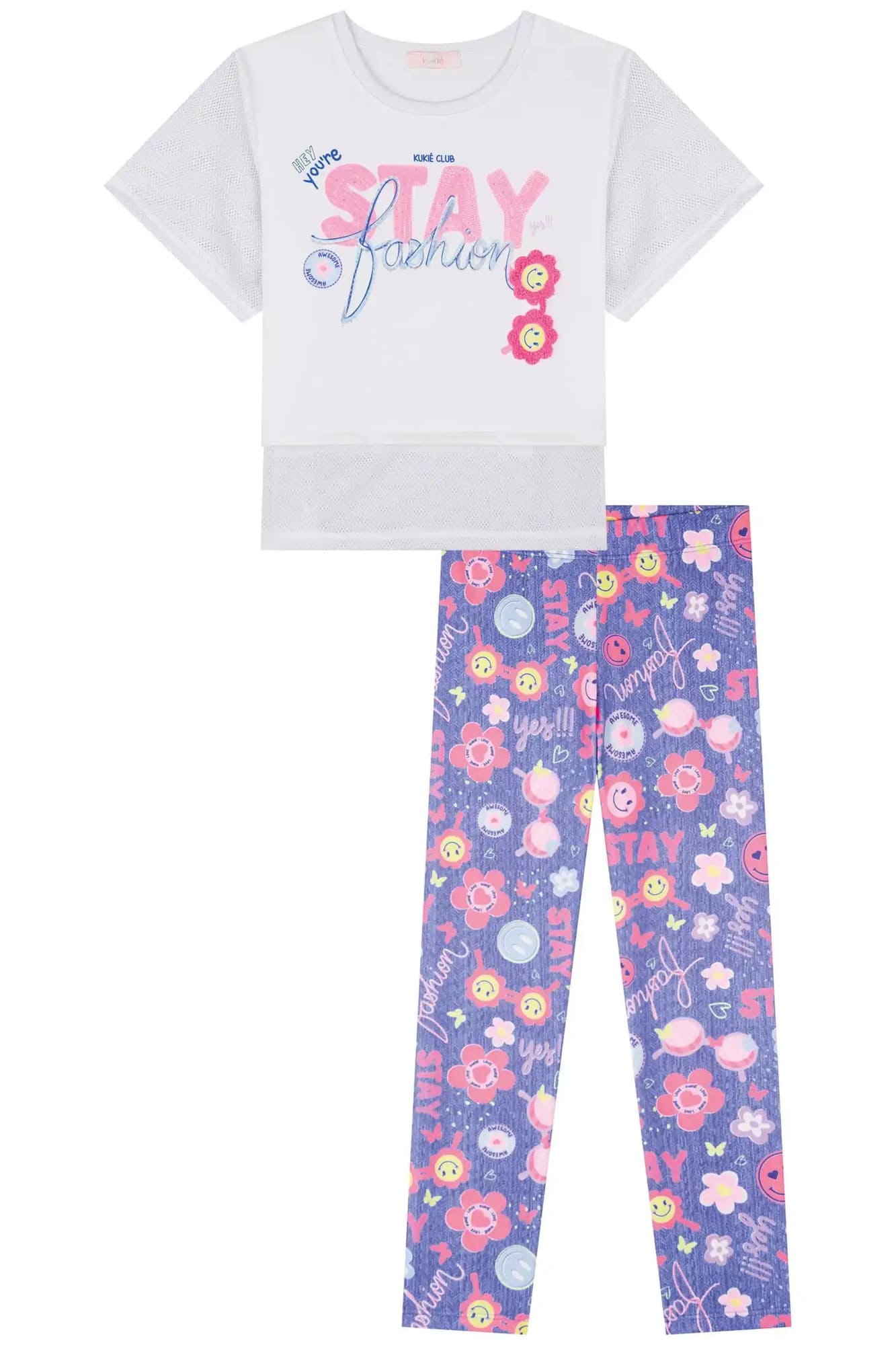 Conjunto Infantil Kukiê Verão com Calça Legging Azul e Blusa Branca Stay Fashion
