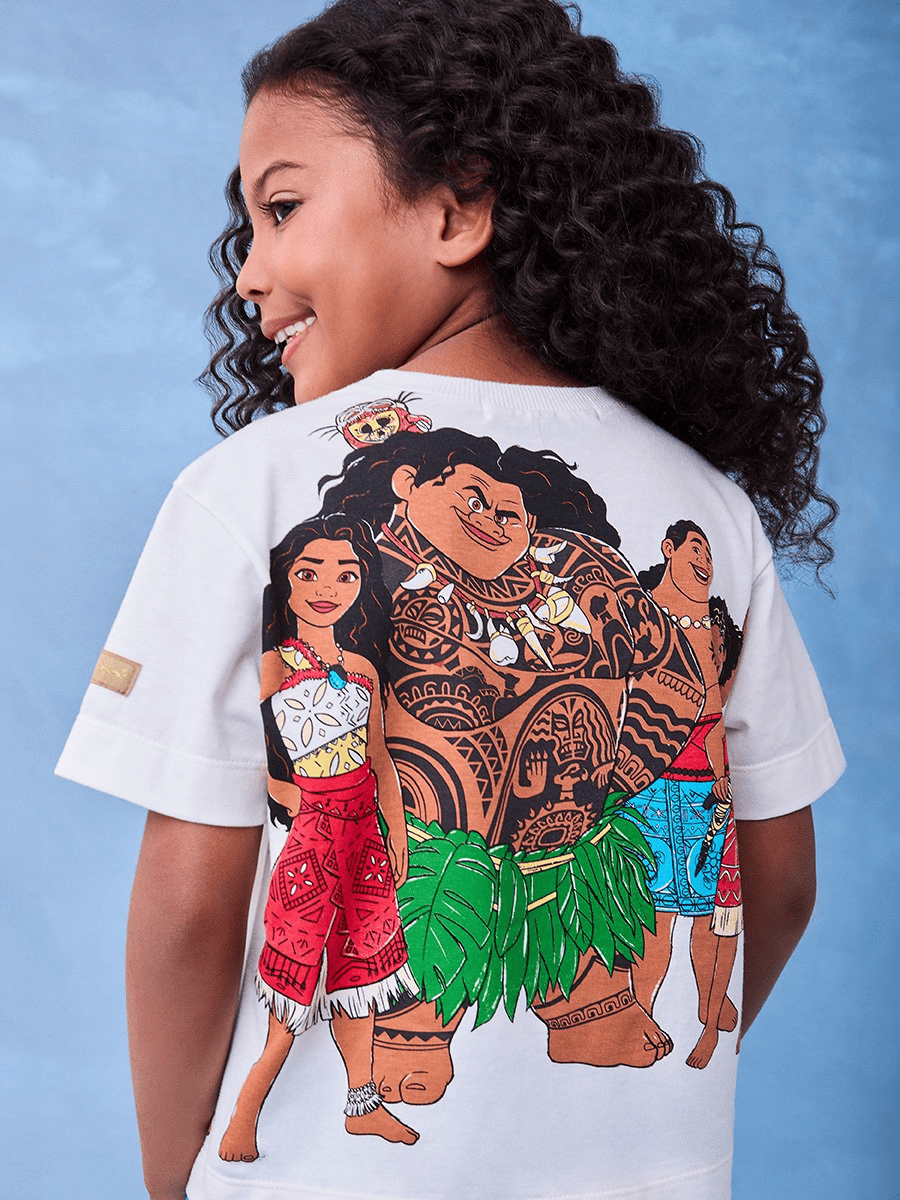 Blusa Infantil Animê Verão Off White Moana Família Disney