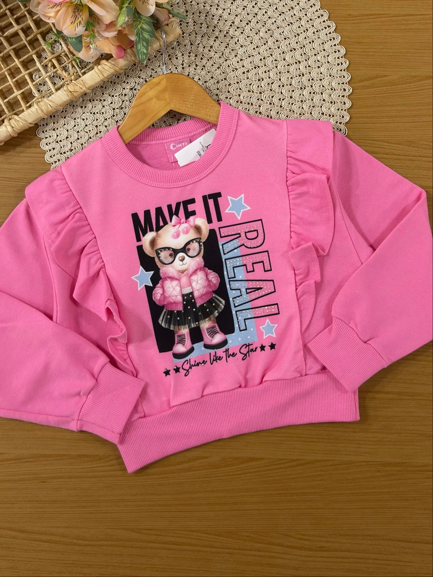 Conjunto Infantil Cinti Inverno com Saia em Tule Preta e Moletom sem Flanela Ursinha Fashion