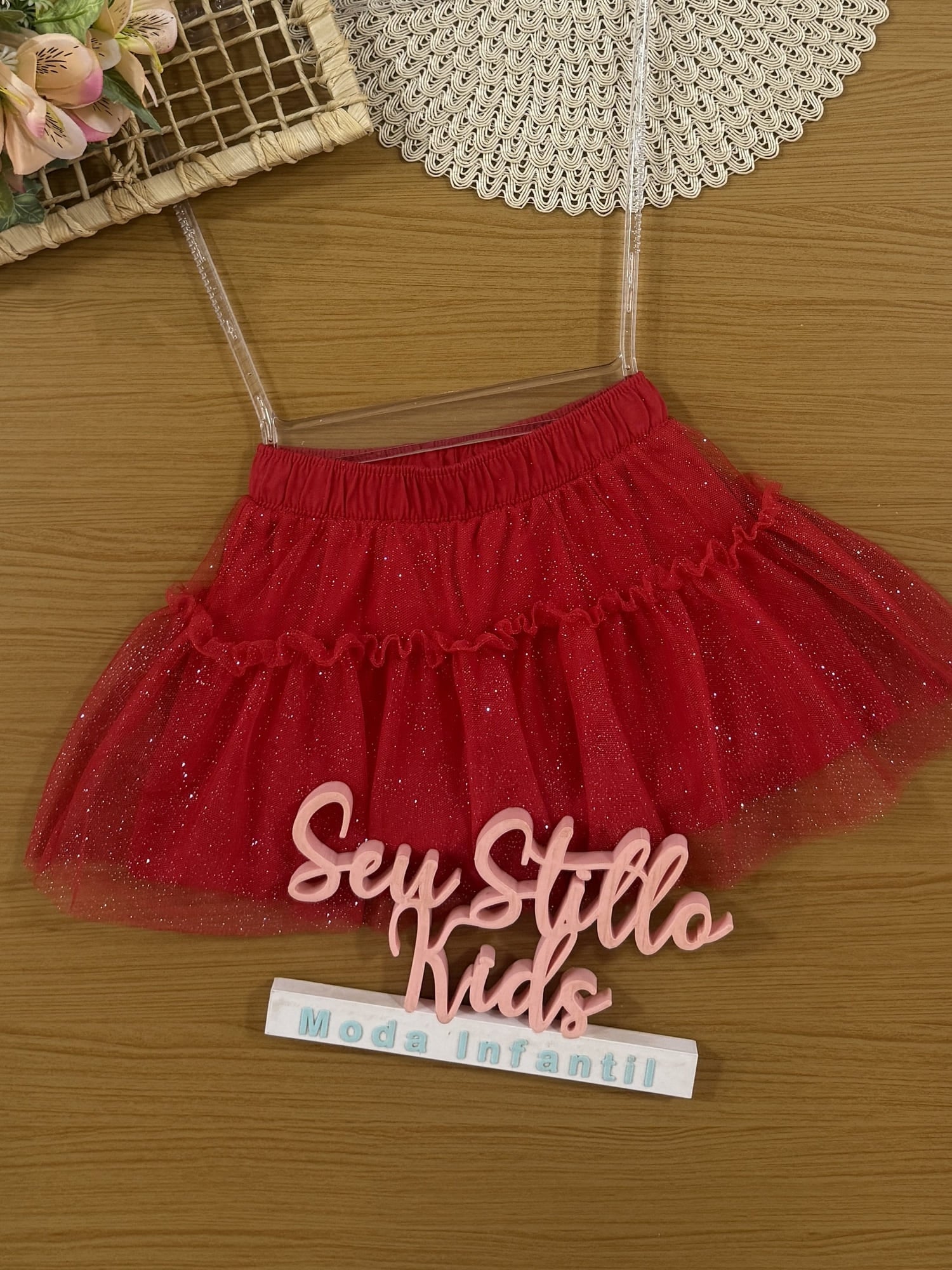 Saia Infantil Cinti Verão Vermelha em Tule com Glitter