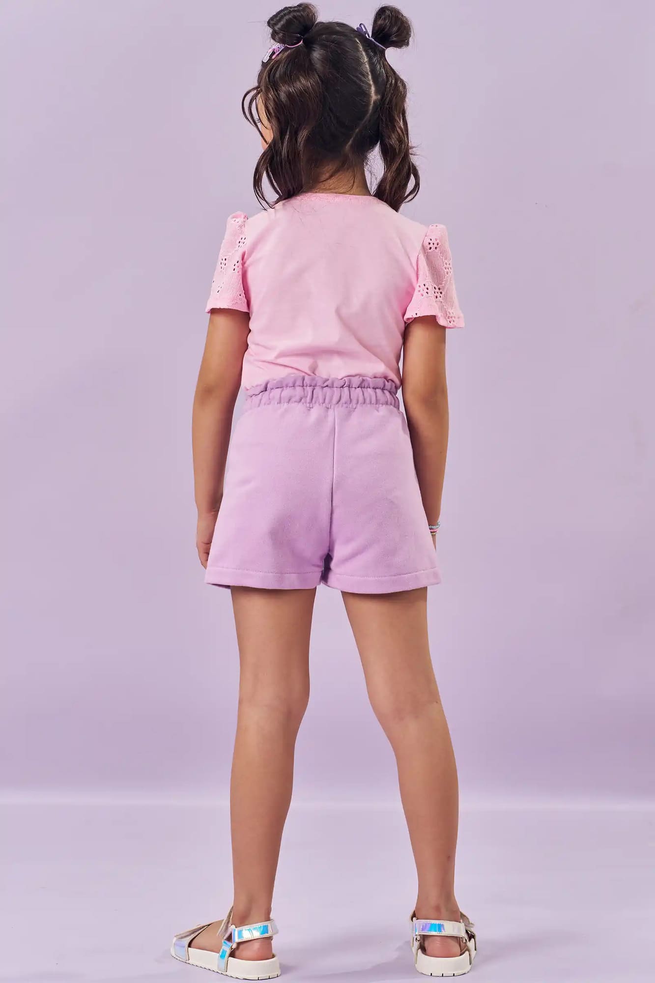 Conjunto Infantil Kukiê Verão com Shorts Lilás e Blusa Rosa Unicórnio