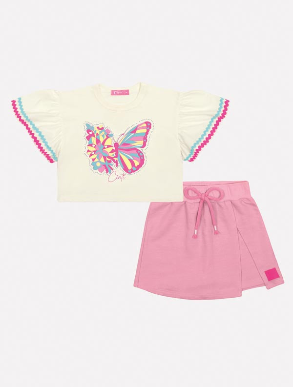 Conjunto Infantil Cinti Verão Shorts Rosa e Blusa Borboleta