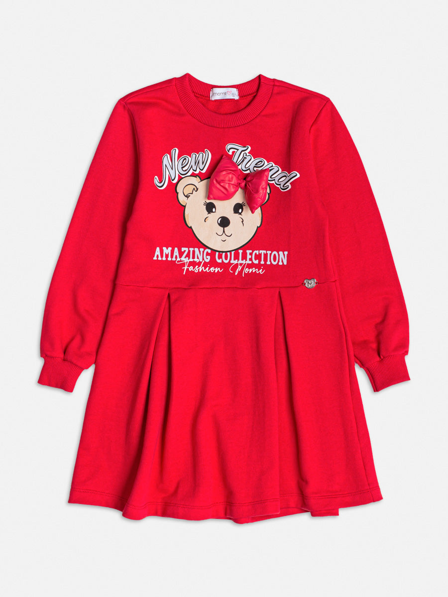 Vestido Infantil Momi Inverno Vermelho Urso Laço