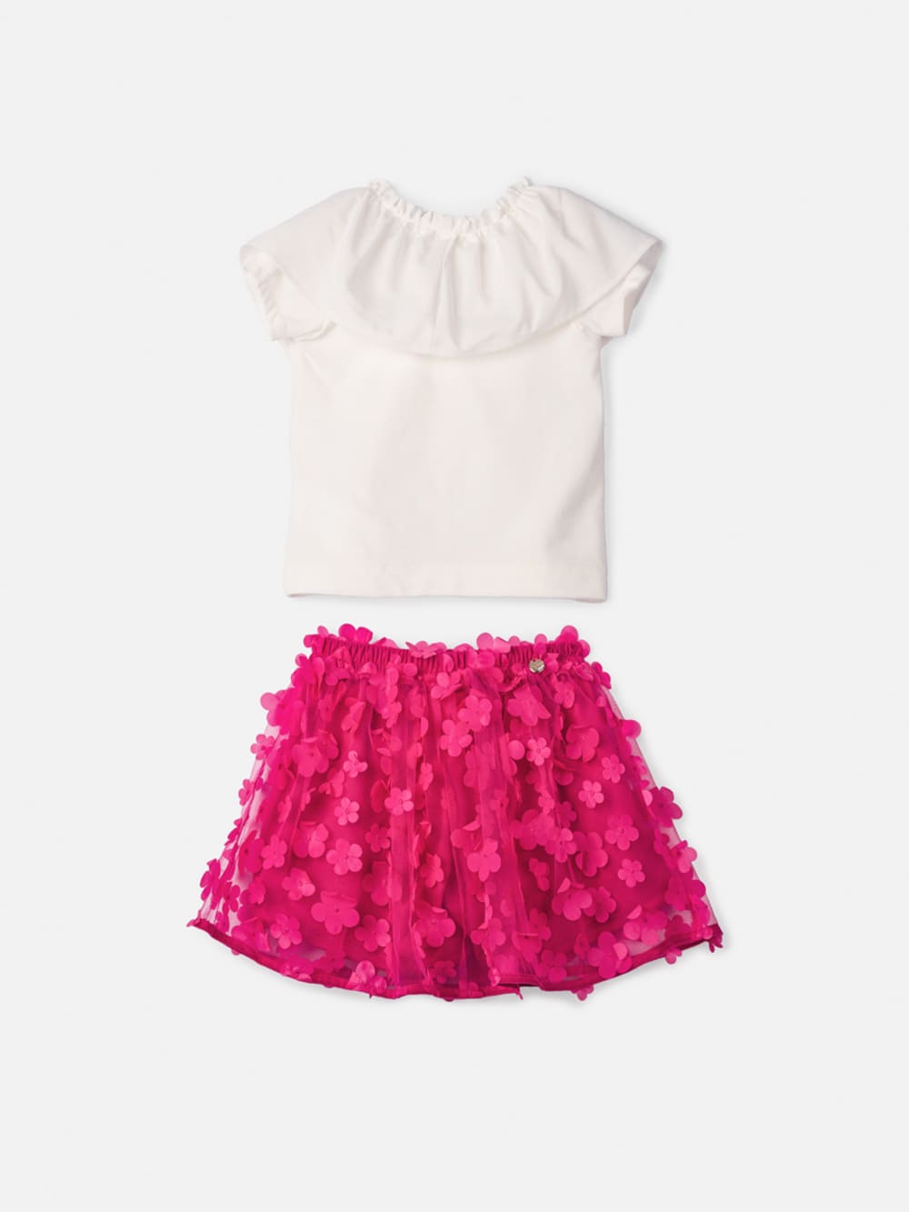 Conjunto Infantil Animê Verão Saia Pink Tule Flor e Blusa Off