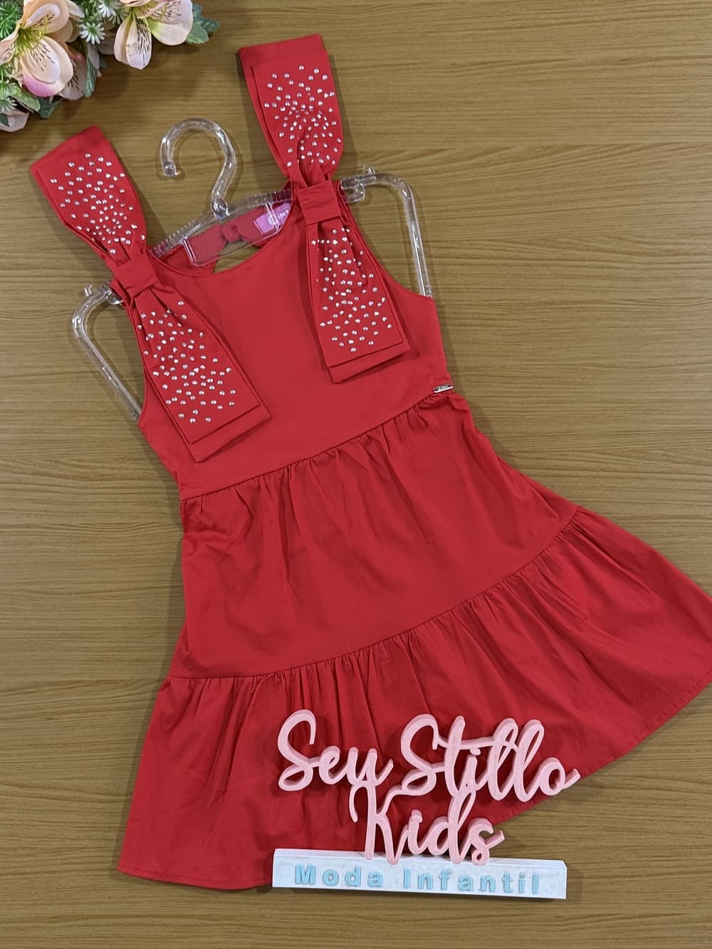 Vestido Infantil Cinti Verão Vermelho com Laços Strass Natal