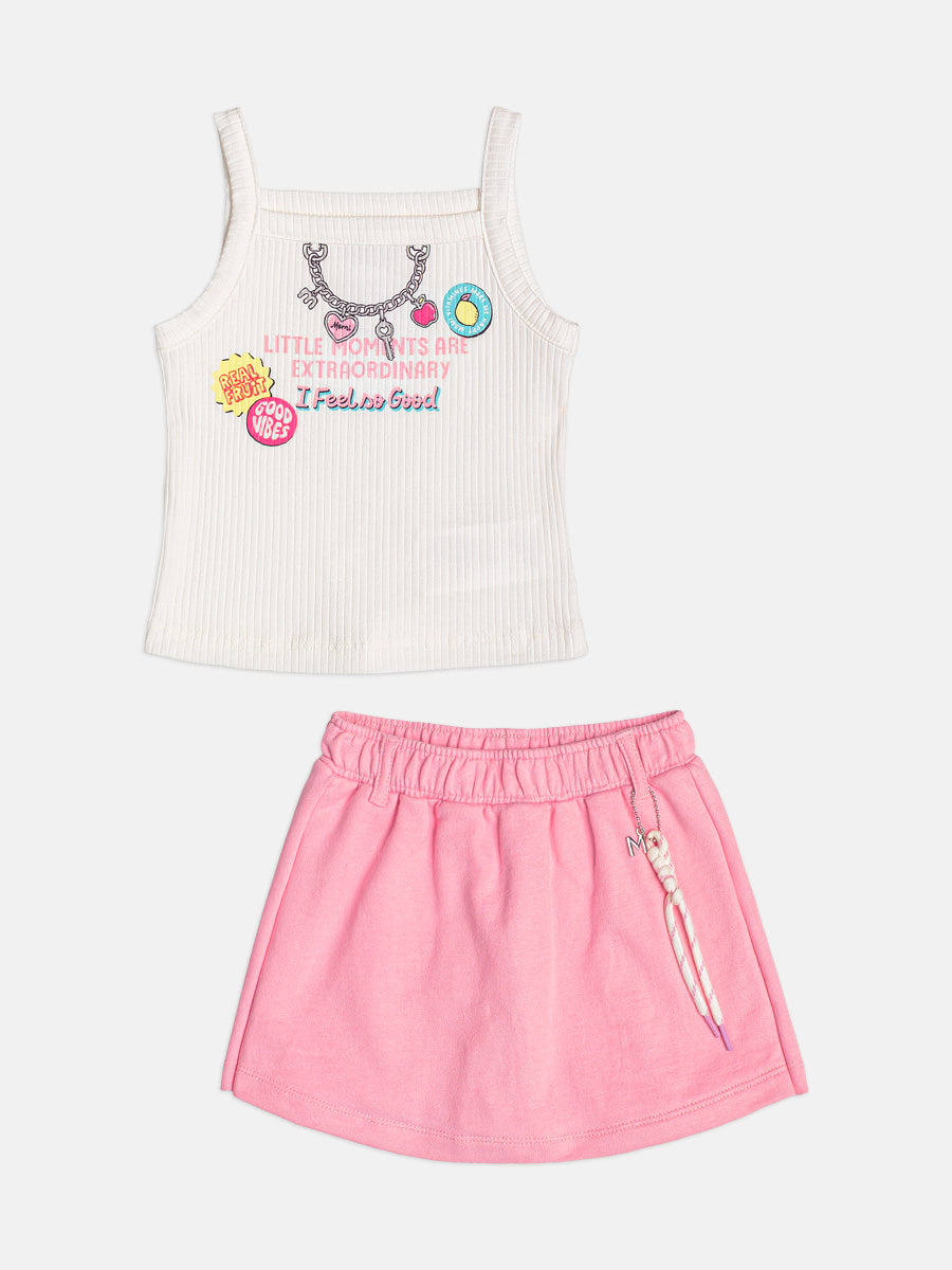 Conjunto Infantil Menina Momi com Short-Saia Rosa e Blusa Branca Chaveirinho