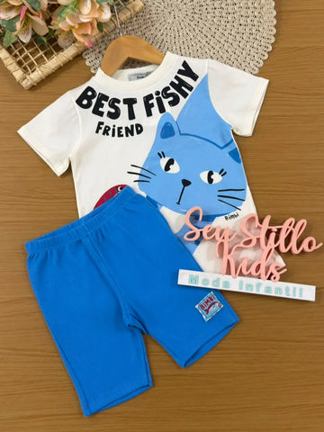 Conjunto Infantil Menina Bimbi Shorts Ciclista Azul e Blusa Cat and Fish
