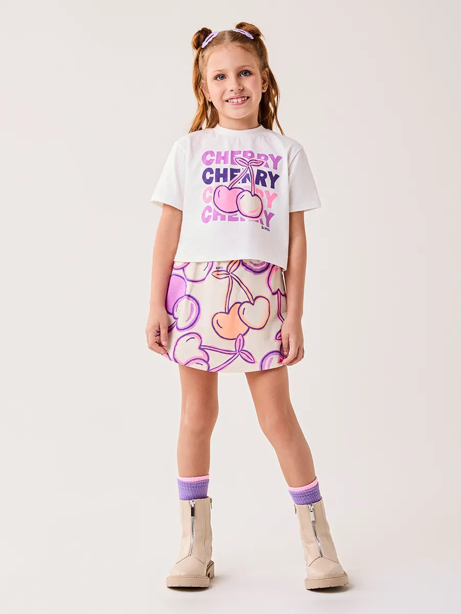 Conjunto Infantil Bimbi Inverno com Shorts Saia e Blusa Manga Curta Cherry