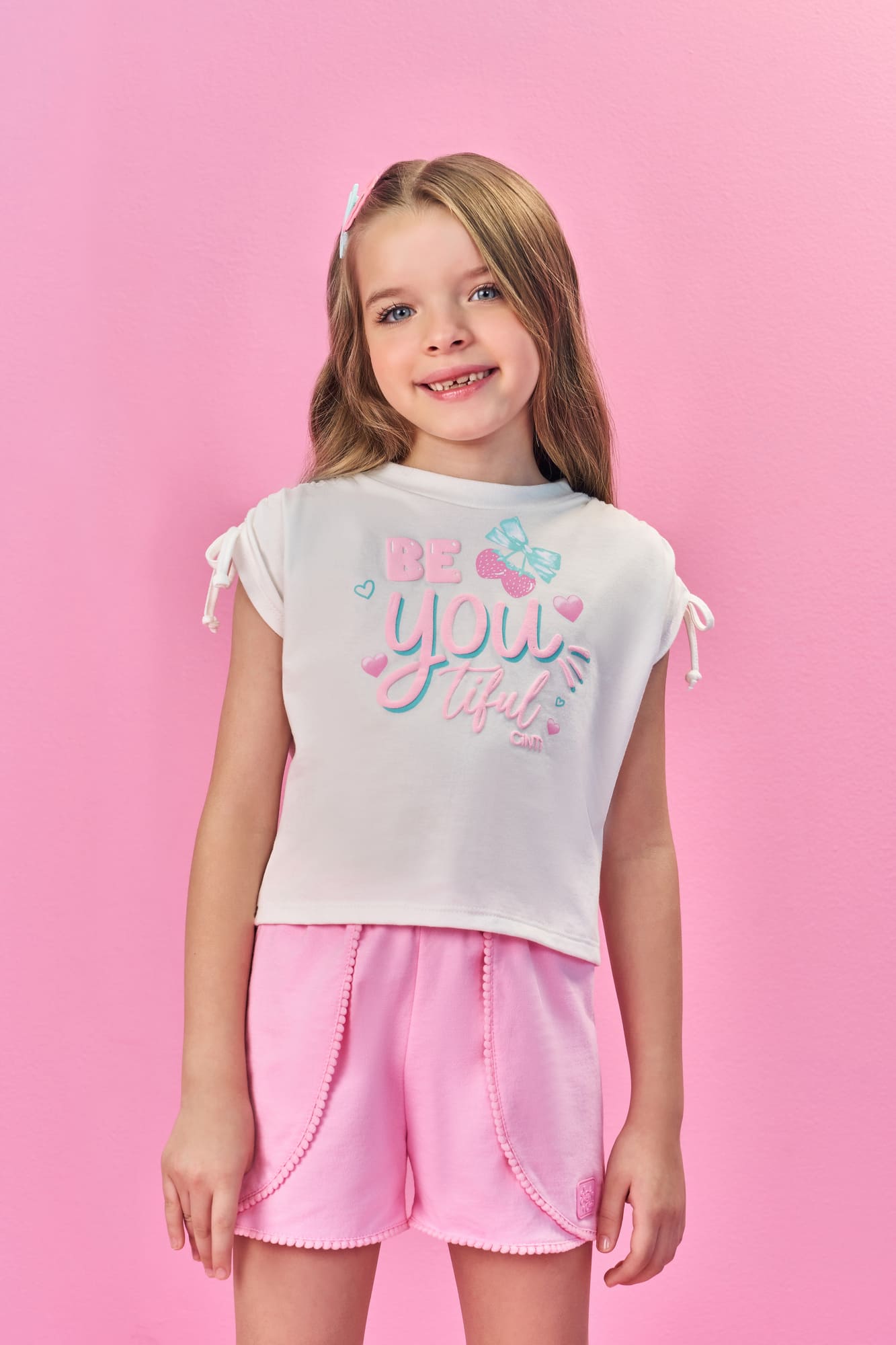 Conjunto Infantil Cinti Verão com Shorts Rosa e Blusa Branca Moranguinho