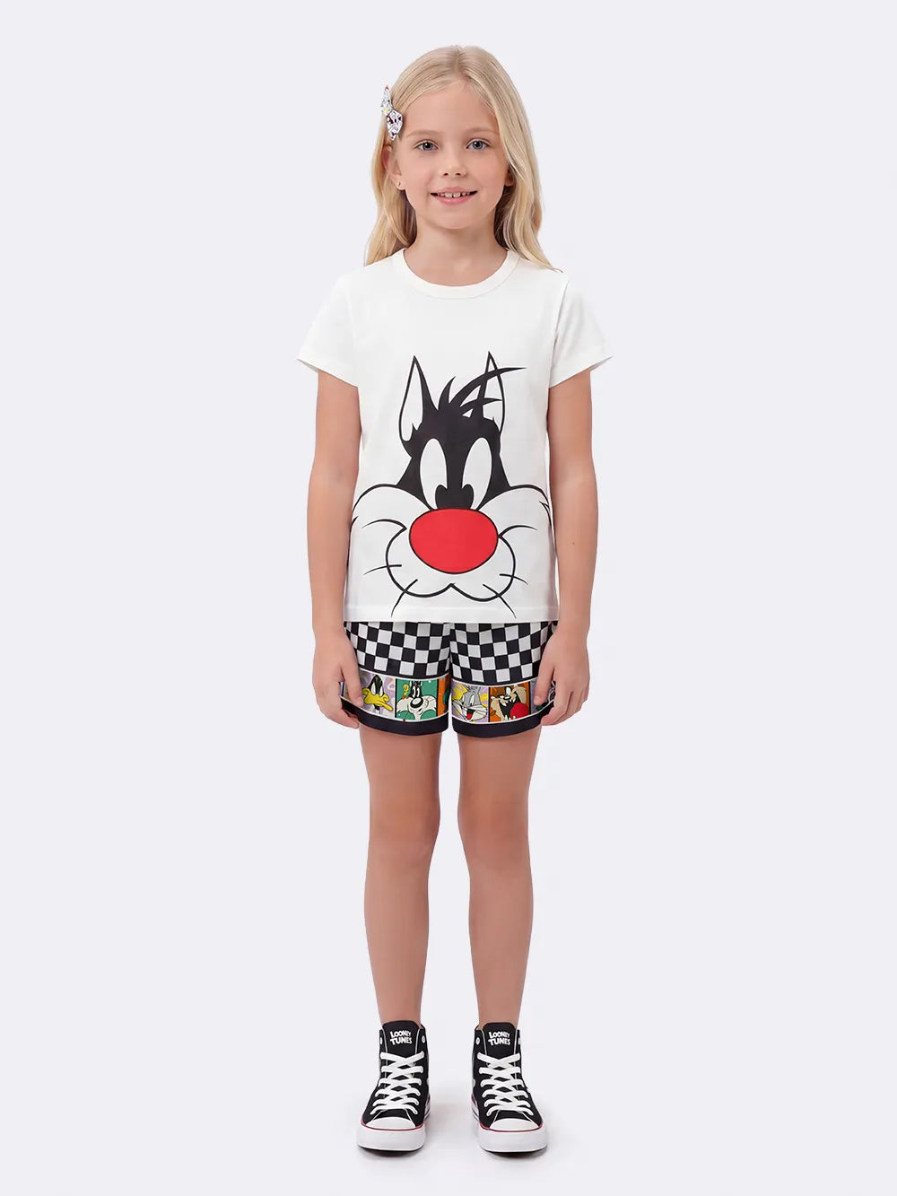 Pijama Infantil Menina Veggi com Shorts Xadrez e Blusa Frajola Looney Tunes
