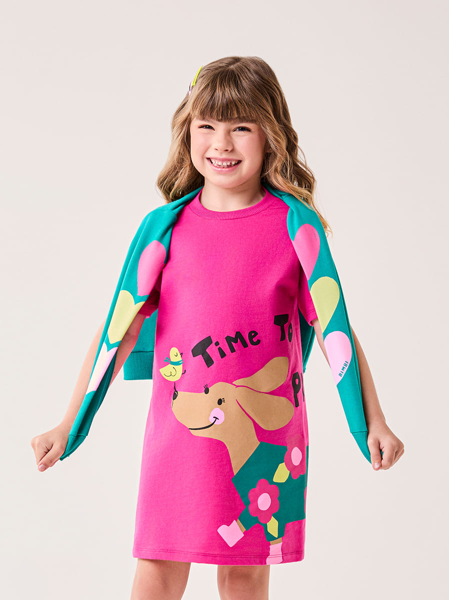 Vestido Infantil Bimbi Inverno Rosa Cachorrinha