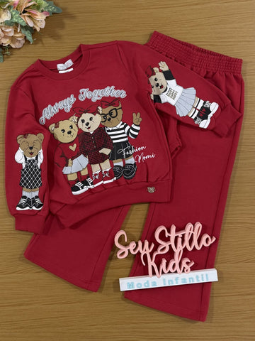 Conjunto Infantil Momi Inverno com Calça e Casaco Vermelho Ursinhos Fashion