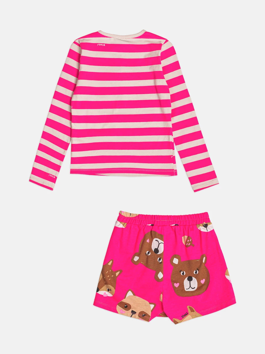 Conjunto Infantil Bimbi Inverno com Shorts Saia e Blusa Manga Longa Rosa Listrada Raposinha
