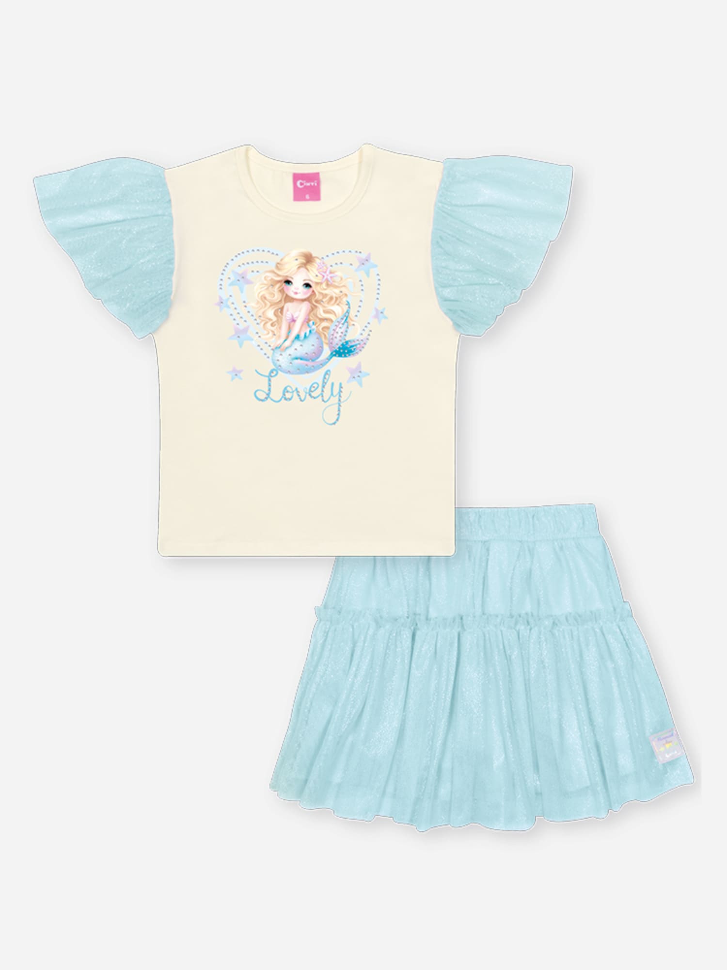 Conjunto Infantil Cinti Verão com Saia Azul em Tule e Blusa Branca Sereia