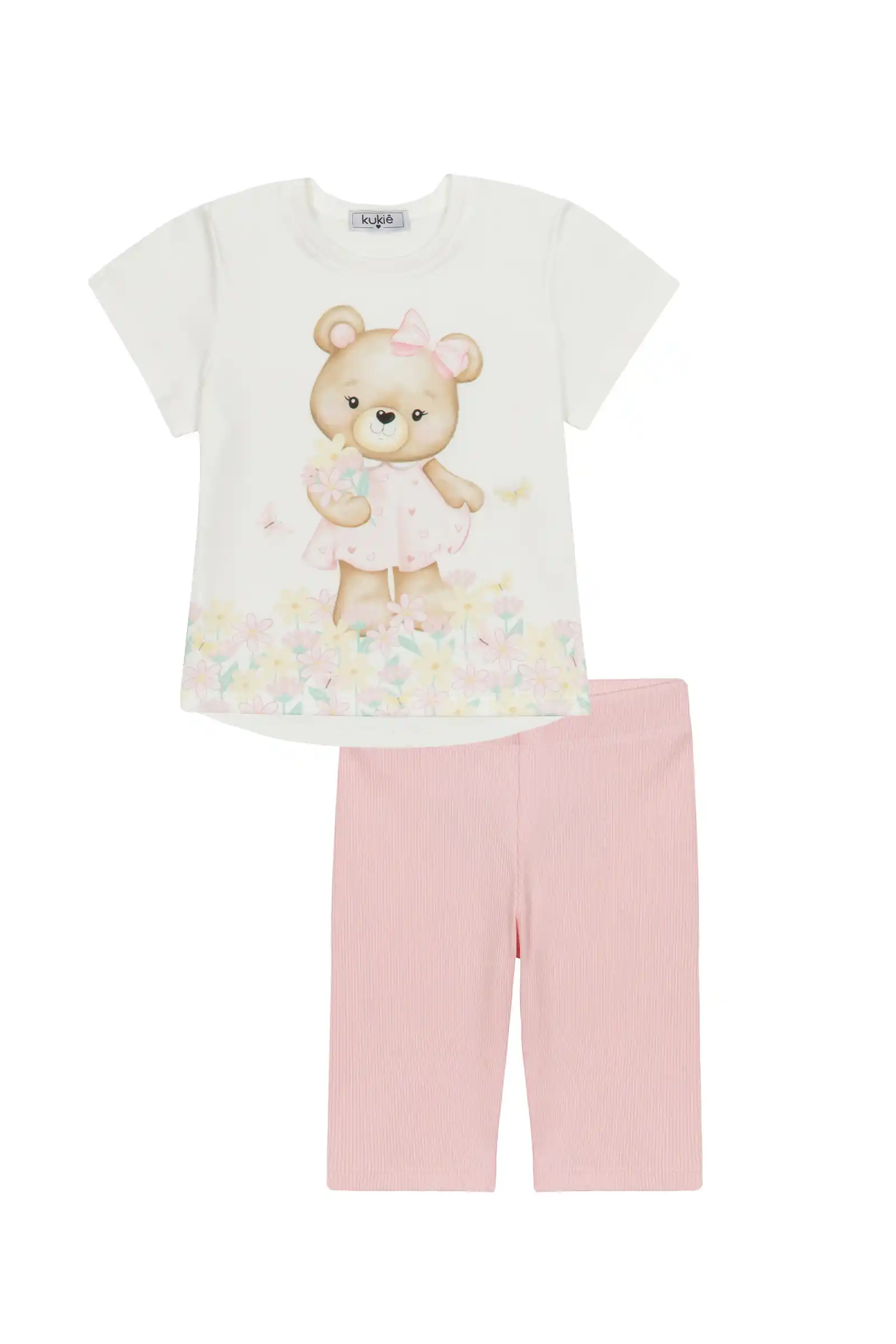 Conjunto Infantil Kukiê com Shorts Rosa Ciclista e Blusa Manga Curta Ursinha Floral