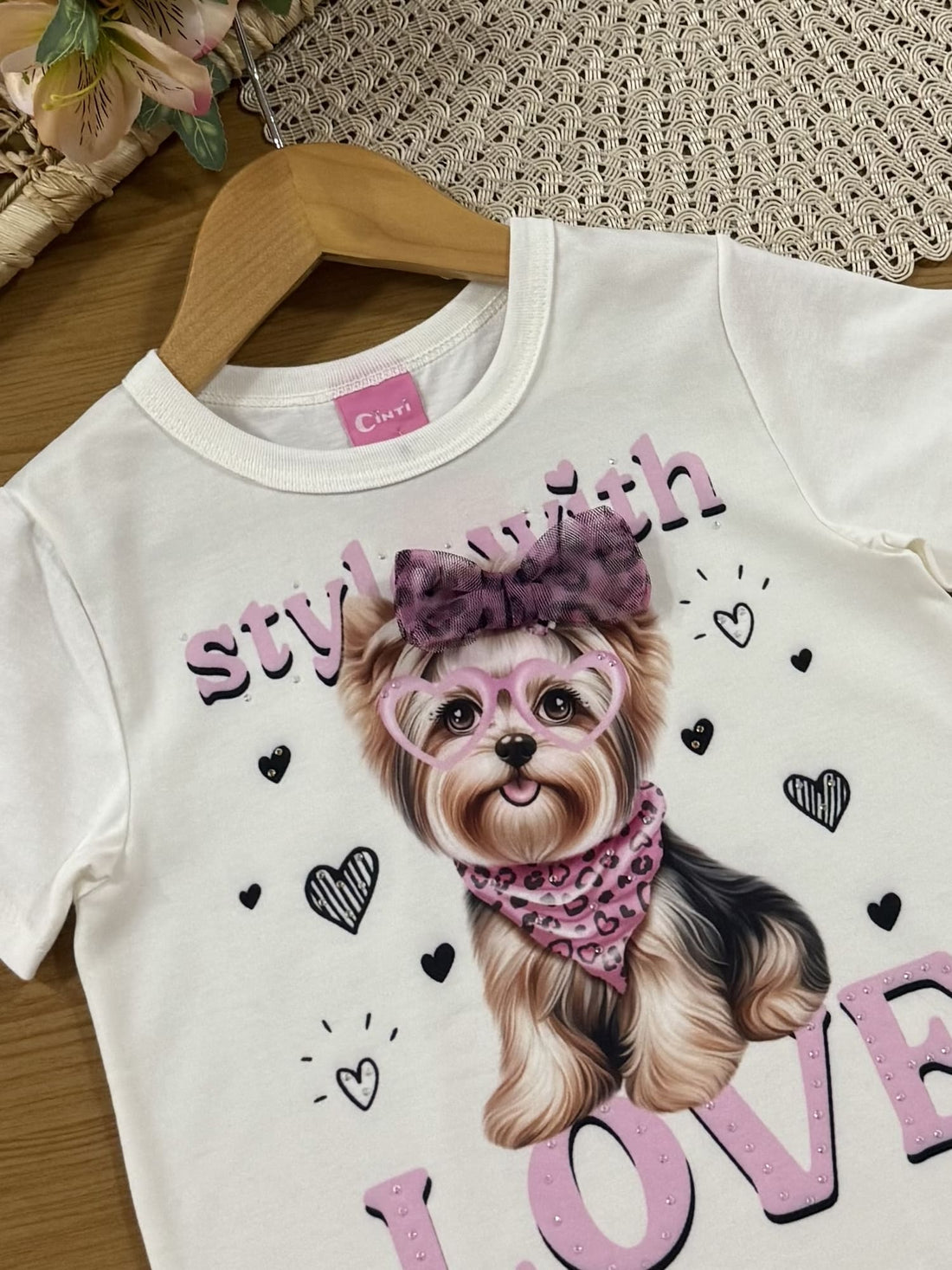 Blusa Infantil Cinti Verão com Laço Branca Cachorrinha Love