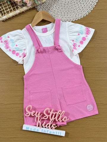 Jardineira Infantil Cinti Verão Rosa com Blusa Branca Cerejinha