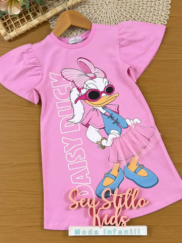 Vestido Infantil Momi Manga Curta Daisy Rosa Fashion Disney