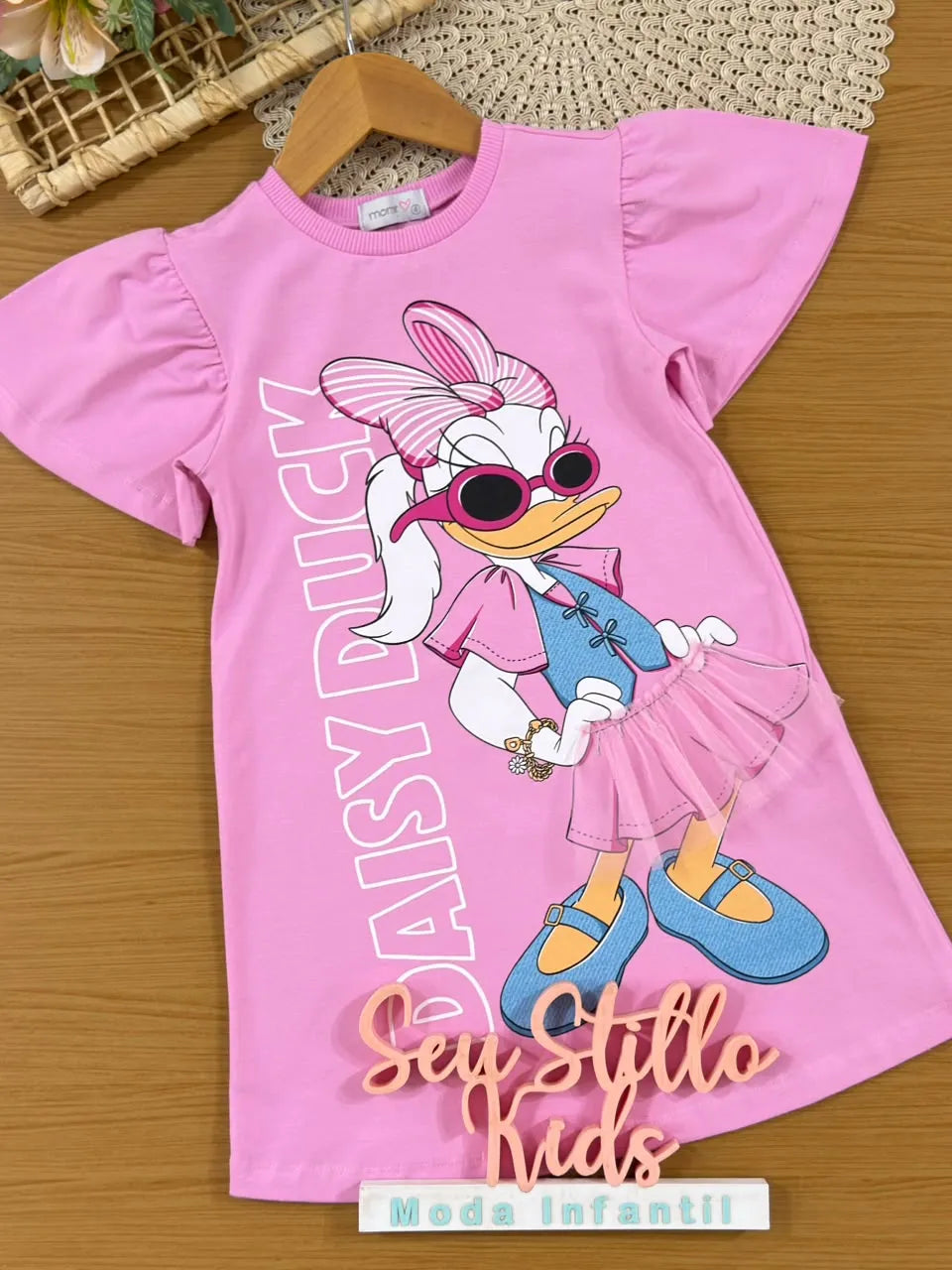 Vestido Infantil Momi Manga Curta Daisy Rosa Fashion Disney