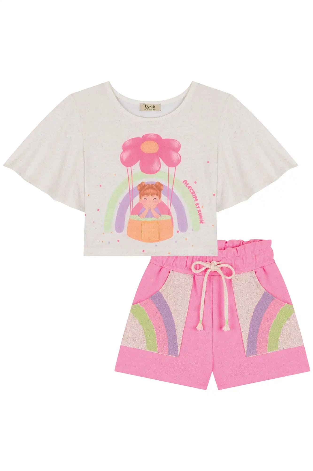 Conjunto infantil Kukiê Verão com Shorts Rosa e Blusa Off White Menininha no Balão