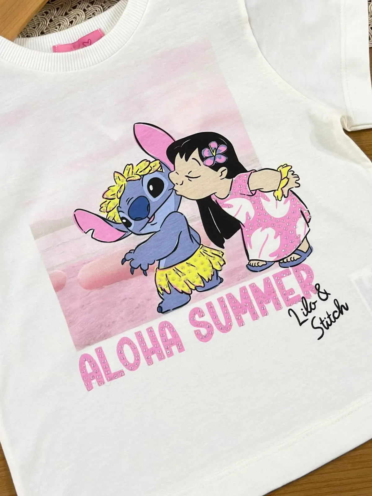 Blusa Infantil Menina Momi Off White Lilo e Stitch Strass Disney