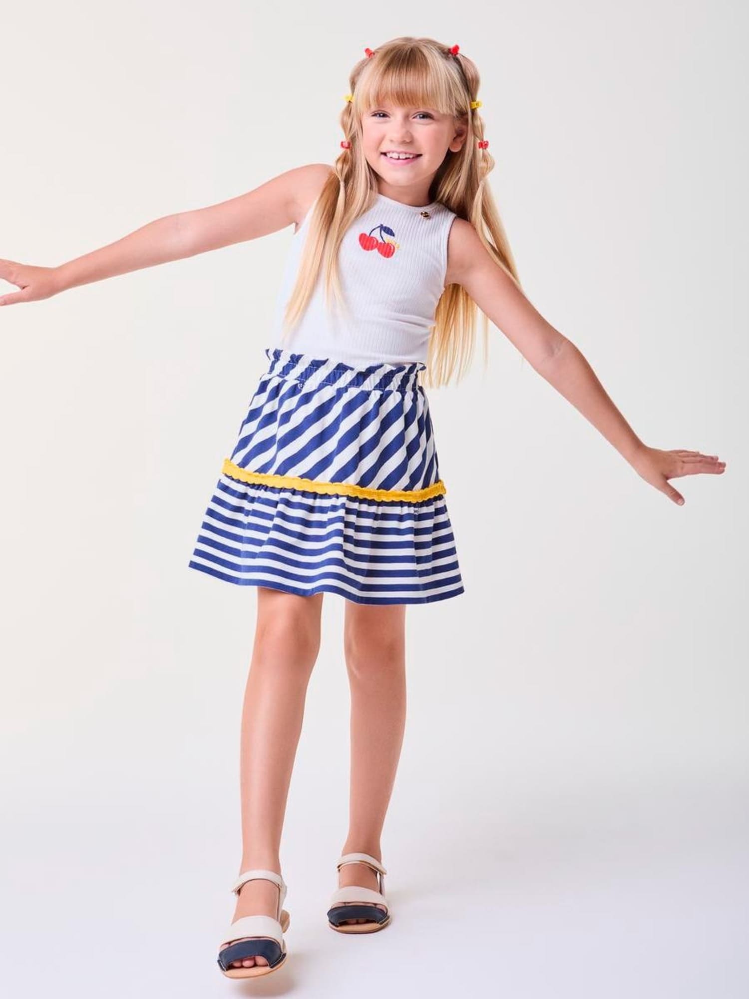 Conjunto Infantil Bimbi Verão com Saia Listrada e Regata Branca Cerejinha
