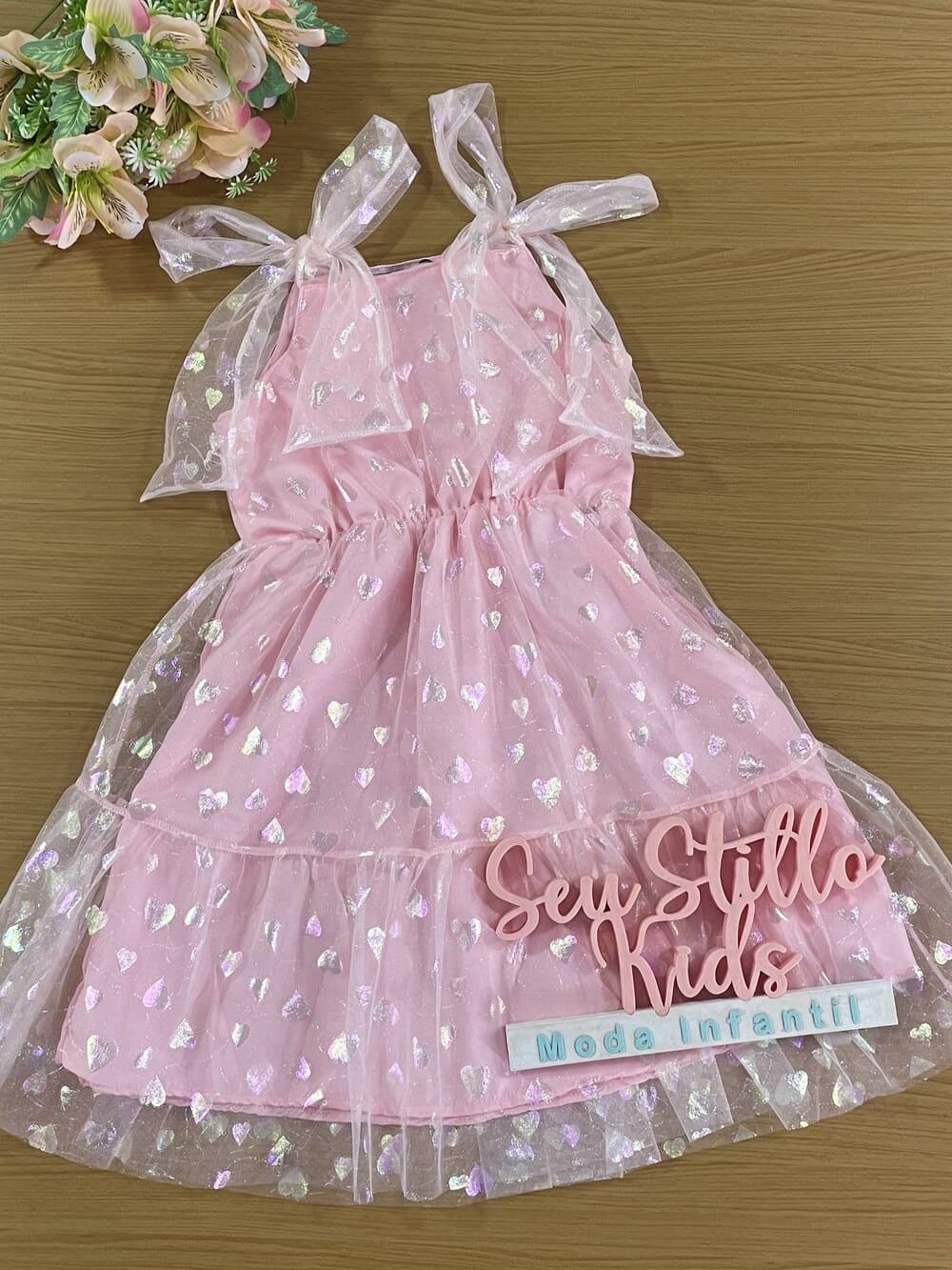 Vestido Infantil Kukie Verão Rosa Tule Coração