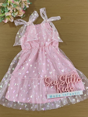 Vestido Infantil Kukie Verão Rosa Tule Coração