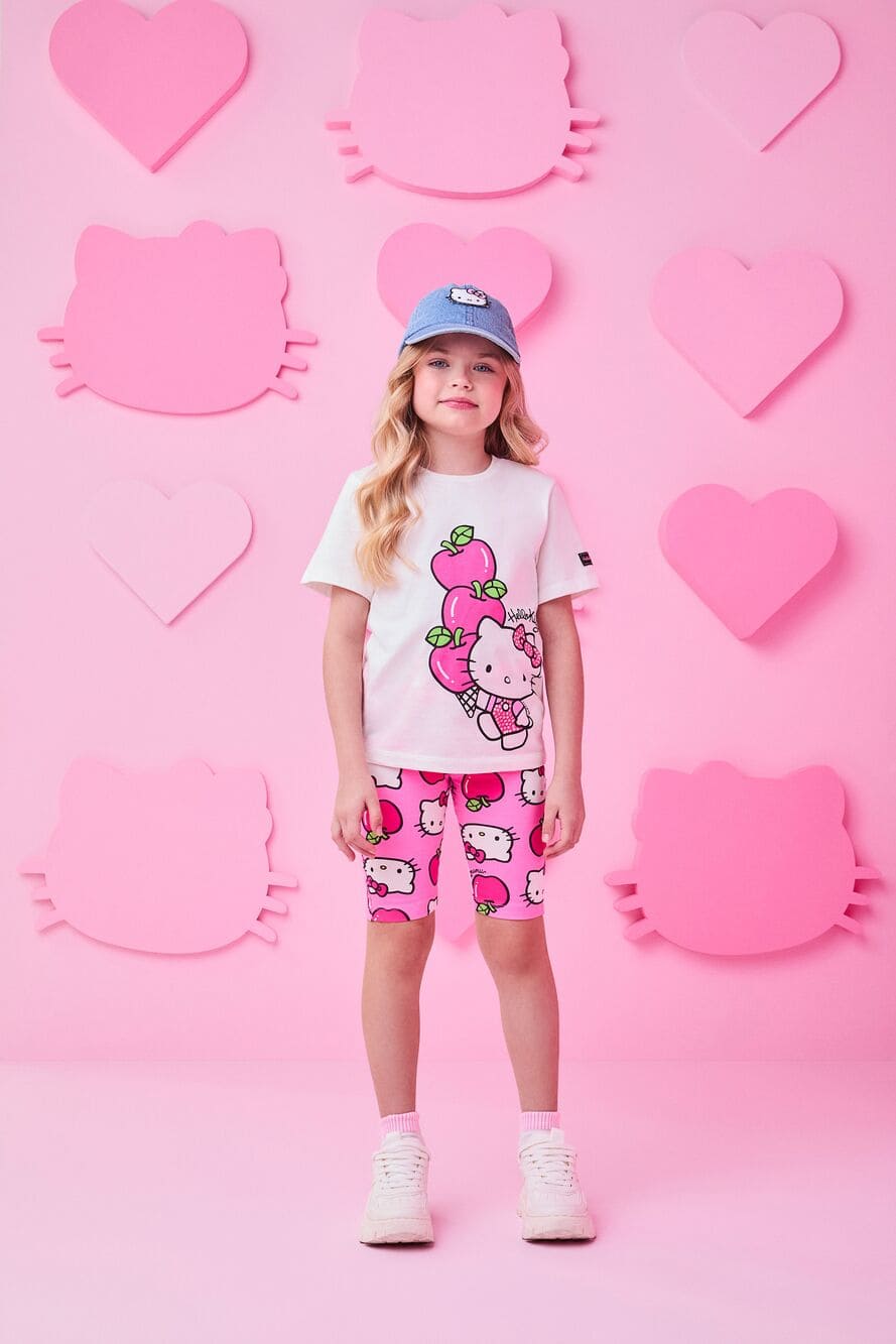 Conjunto Infantil Momi Verão Shorts Ciclista Rosa e Blusa Hello Kitty