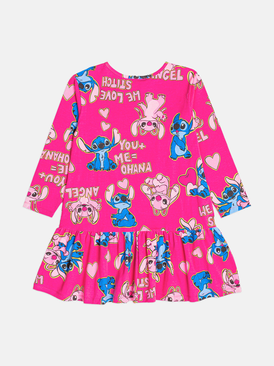 Vestido Infantil Bimbi Inverno Rosa Stitch e Angel Corações Disney