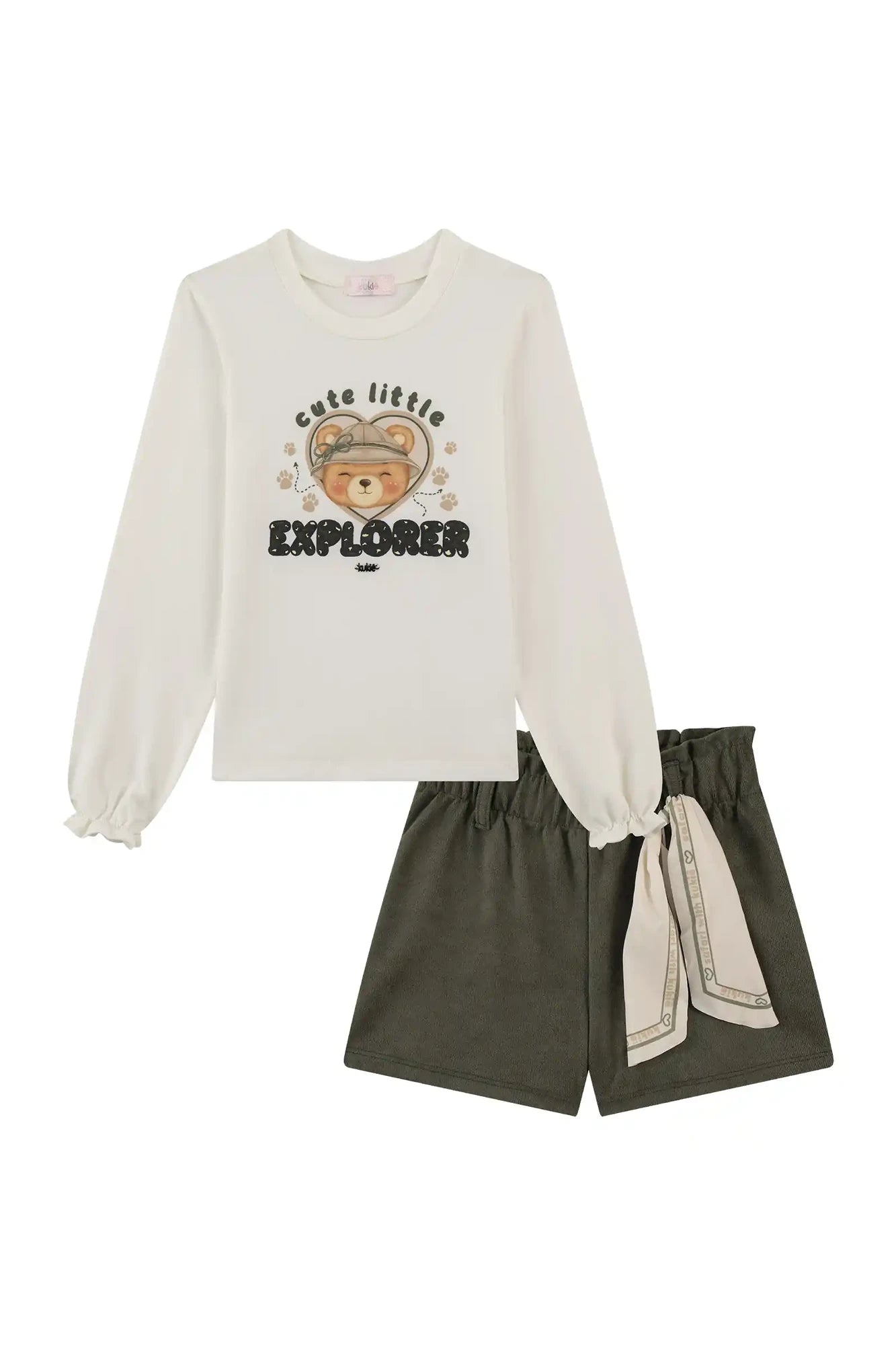 Conjunto Infantil Kukiê Inverno com Shorts Verde e Blusa Manga Longa Ursinha Explorer