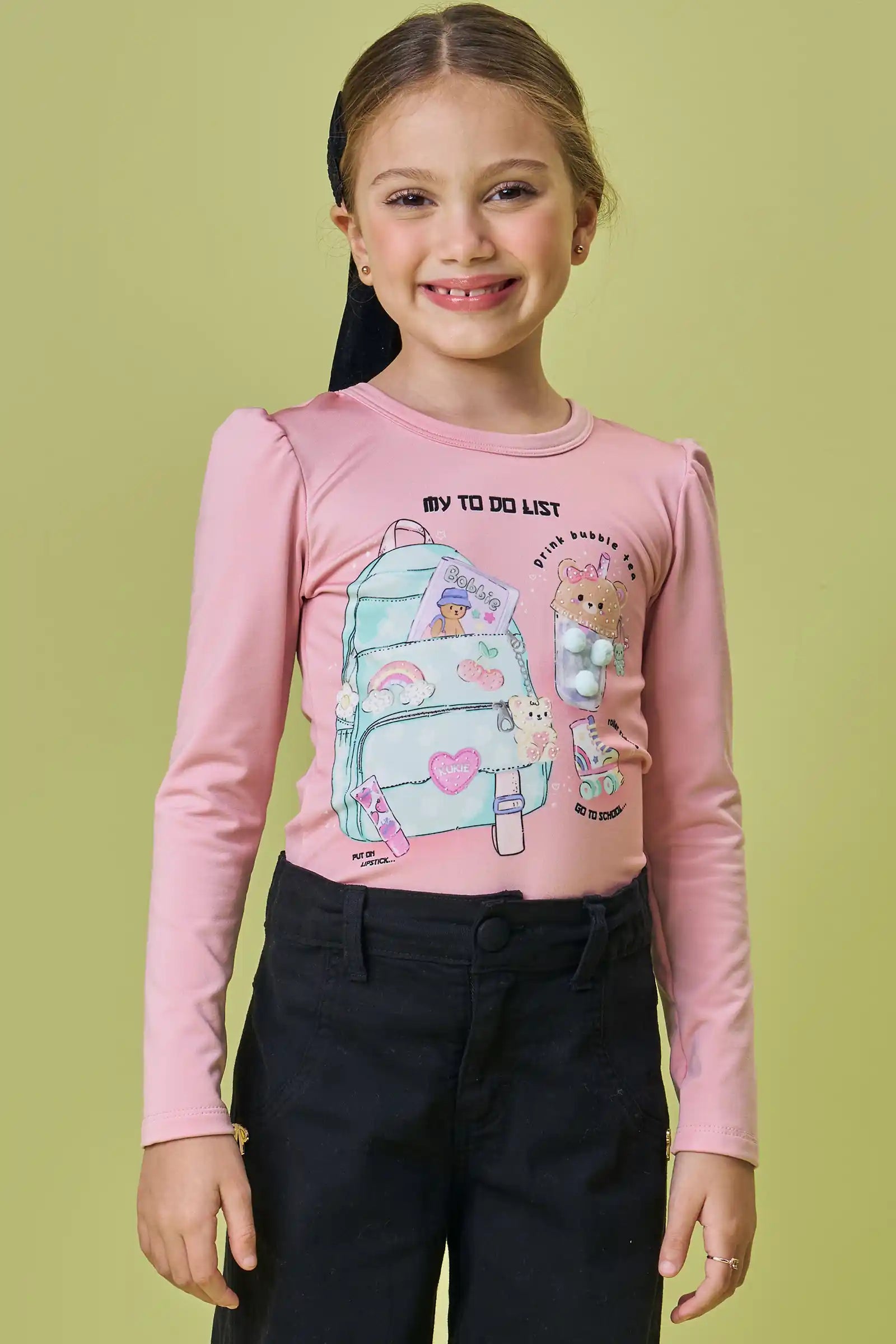 Blusa Infantil Kukiê Inverno Térmica Manga Longa Rosa com Pom pom