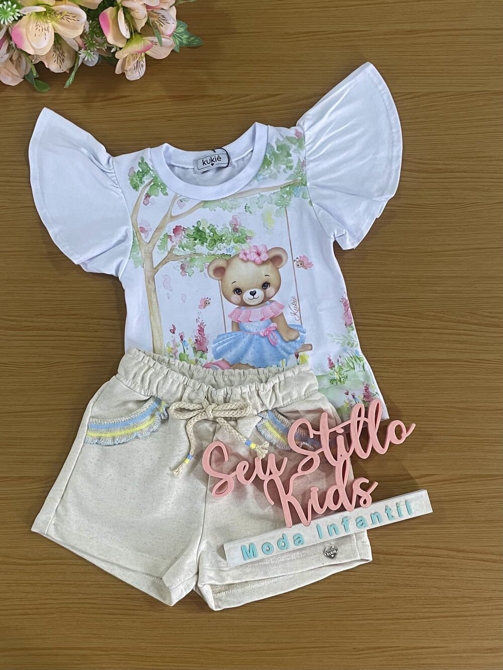Conjunto Infantil Kukiê Verão Shorts e Blusa Ursinha Floresta