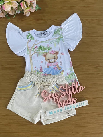Conjunto Infantil Kukiê Verão Shorts e Blusa Ursinha Floresta