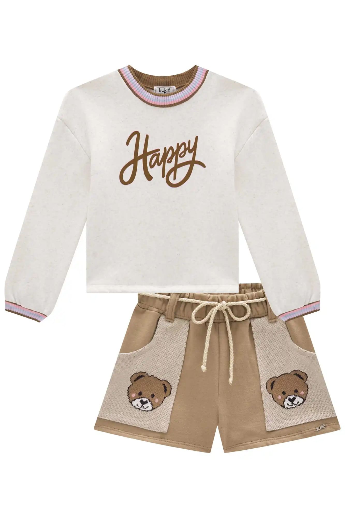 Conjunto Infantil Kukiê Inverno com Shorts Marrom Ursinho e Blusa Manga Longa Happy
