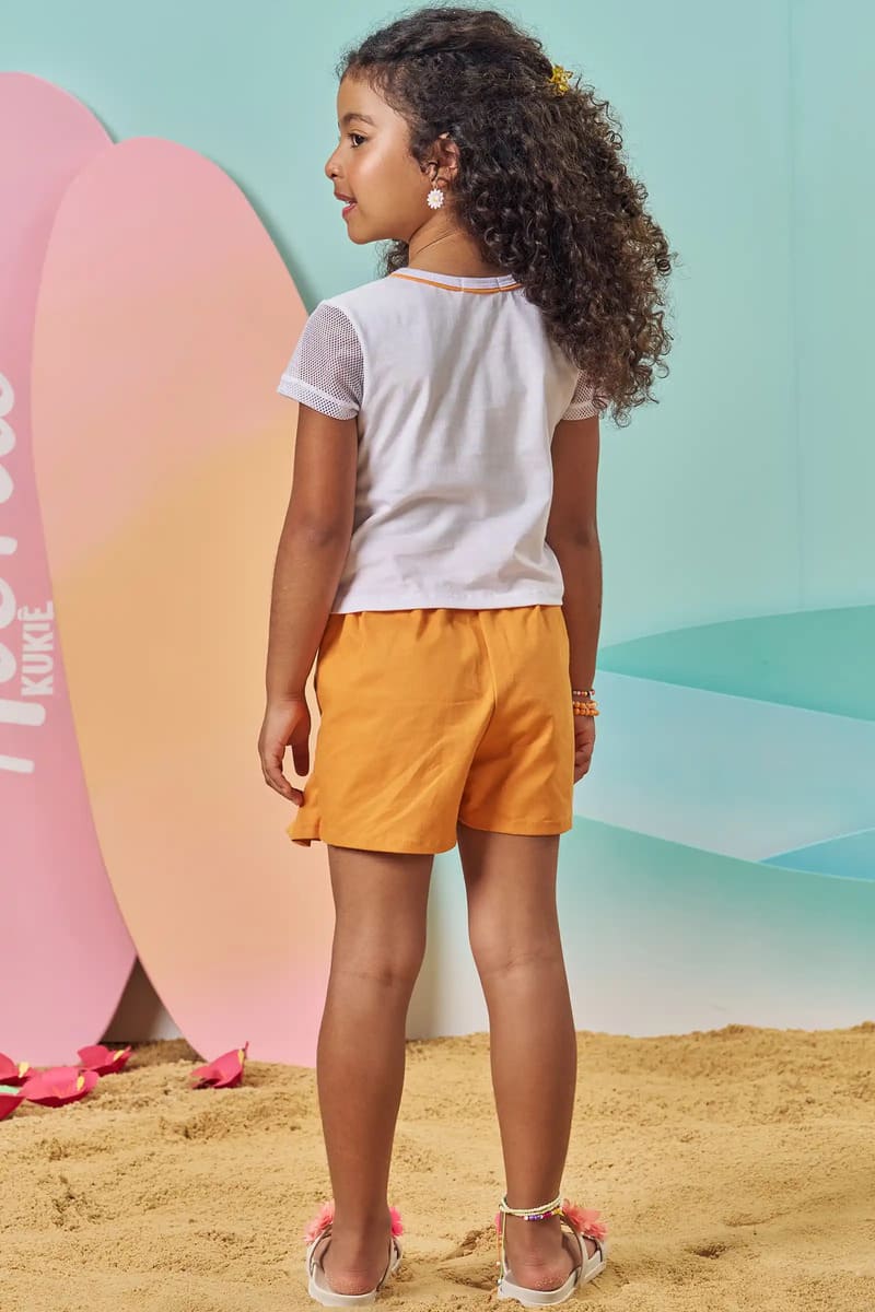 Conjunto Infantil Kukiê Verão com Shorts Saia Laranja e Blusa Branca Tropical