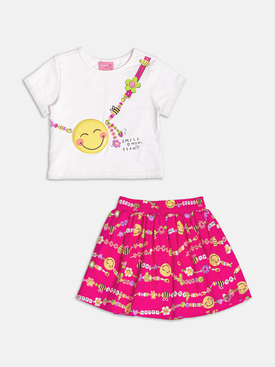 Conjunto Infantil Momi Verão com Saia Rosa e Blusa Branca Bolsinha Smile 3D