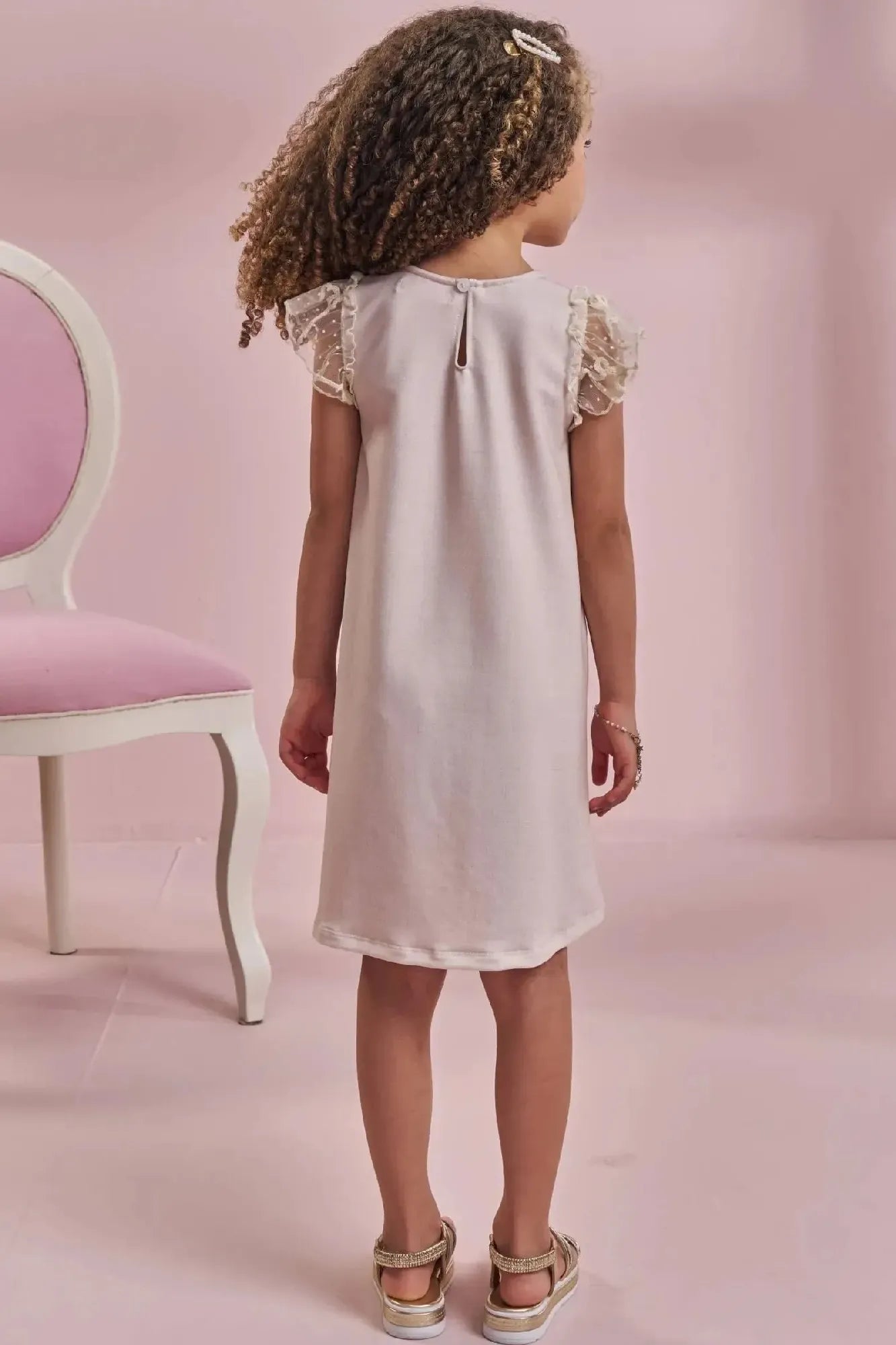 Vestido Infantil Kukiê Bege Ursinha com Detalhe em Tule