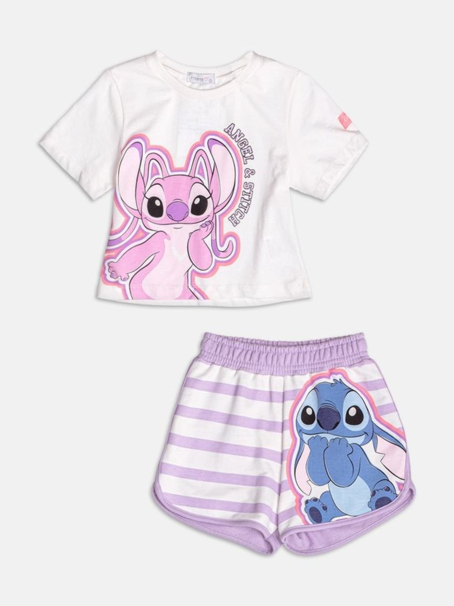 Conjunto Infantil Momi Verão com Shorts Listrado e Blusa Branca Angel Disney