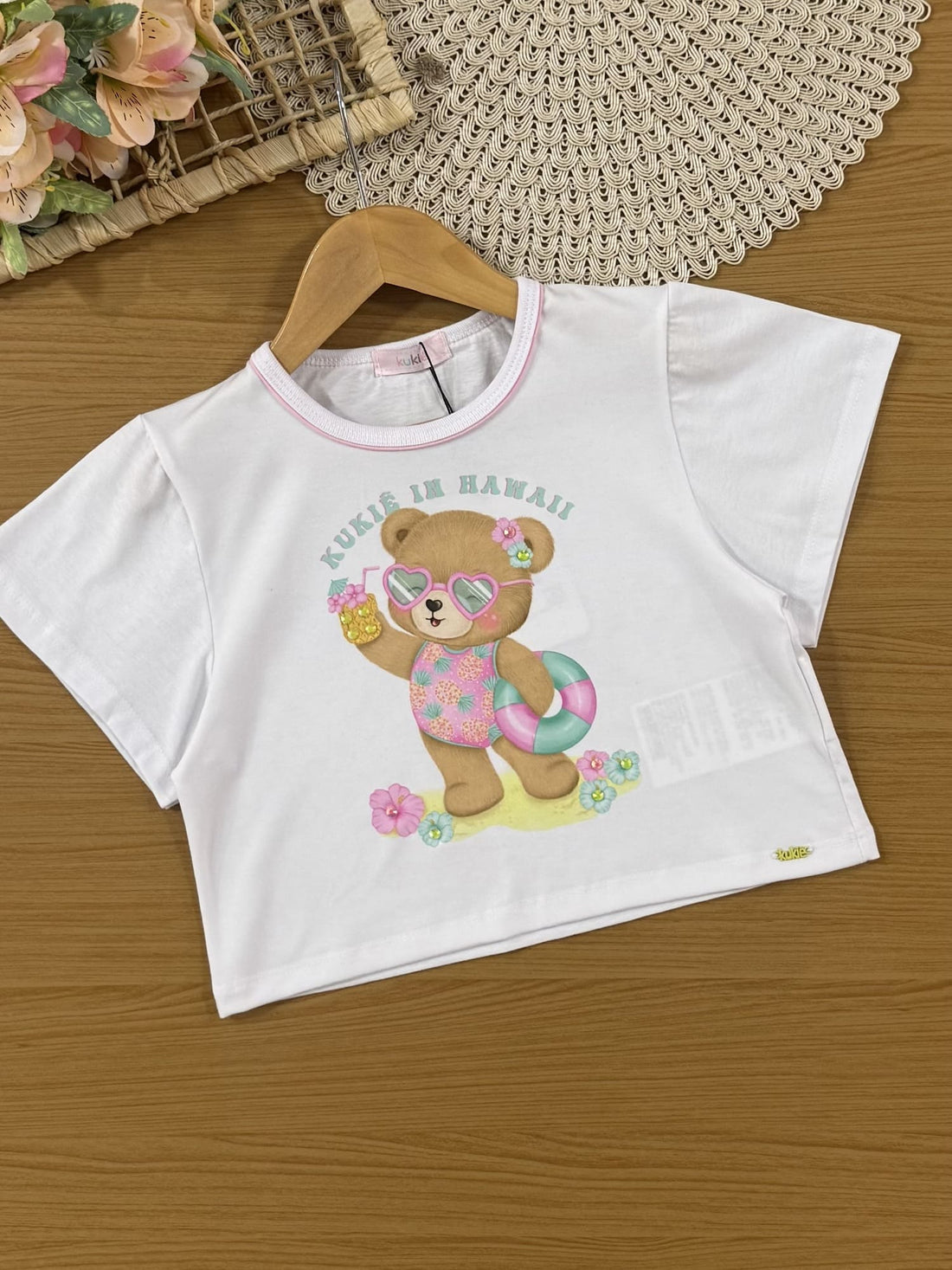 Conjunto Infantil Kukiê Verão com Shorts Rosa e Blusa Branca Ursinha na Praia