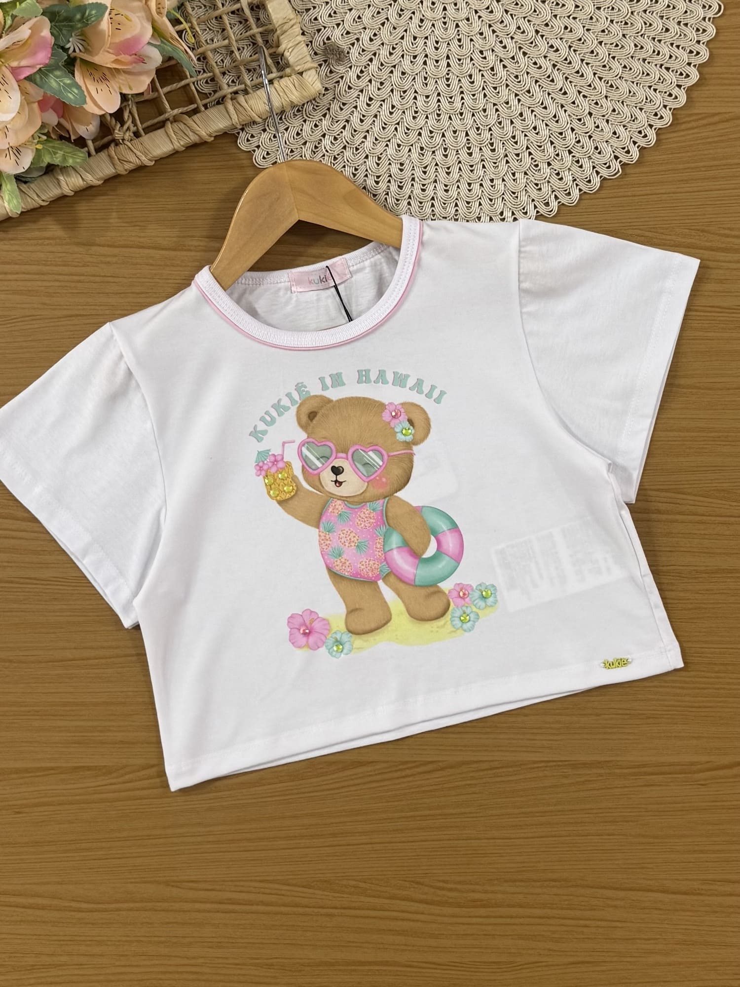Conjunto Infantil Kukiê Verão com Shorts Rosa e Blusa Branca Ursinha na Praia