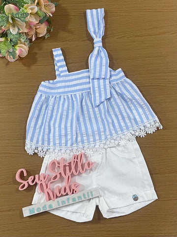 Conjunto Infantil Momi Verão Com Shorts e Blusa Azul Listrado Com Laço