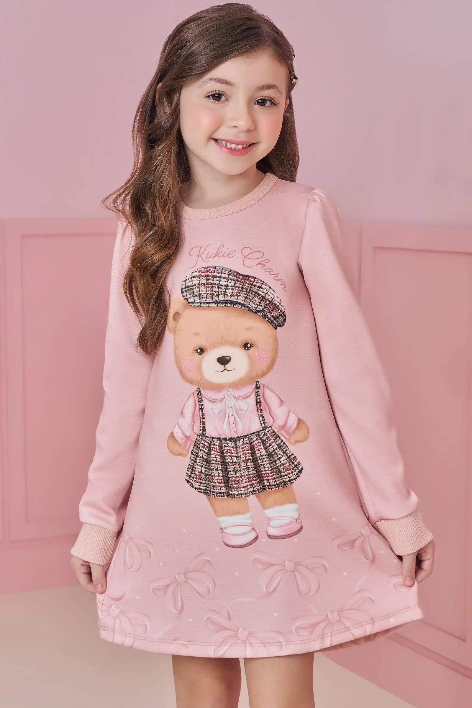 Vestido Infantil Kukiê Inverno Rosa Ursinha e Lacinhos