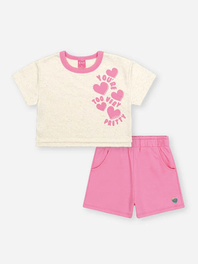 Conjunto Infantil Cinti Inverno com Shorts Rosa e Blusa Manga Curta Coraçãoes