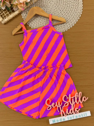 Conjunto Infantil Menina Bimbi Shorts e Blusa Listrada Laranja e Roxo