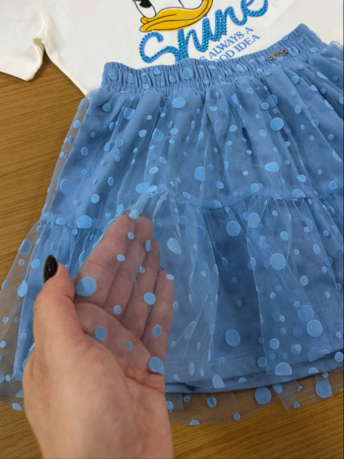 Conjunto Infantil Momi Inverno com Saia Azul e Blusa Manga Curta Margarida Disney