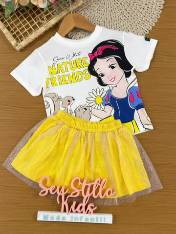 Conjunto Infantil Menina Bimbi Saia Amarela em Tule e Blusa Branca de Neve Disney
