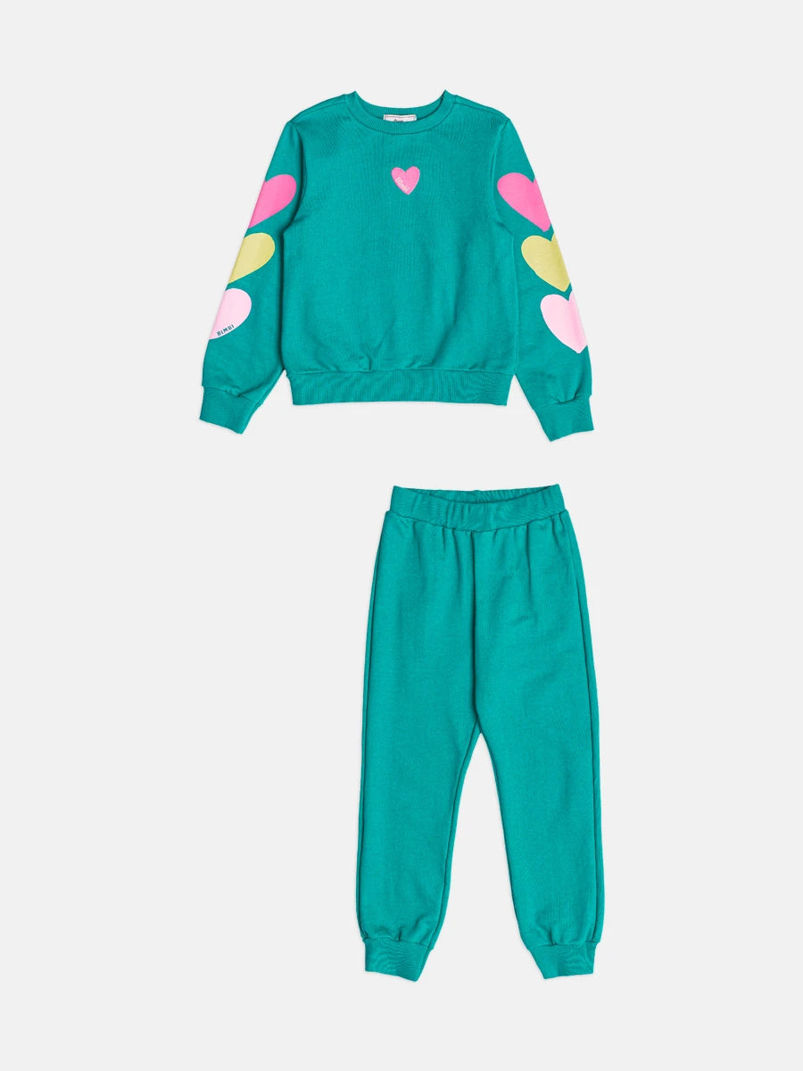 Conjunto Infantil Bimbi Inverno com Calça e Moletom sem Flanela Verde Coraçãozinho